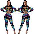 New Season Fall Elegant Autumn News Print Pant Fitness Women Clothing Long Sleeve Two Piece Set